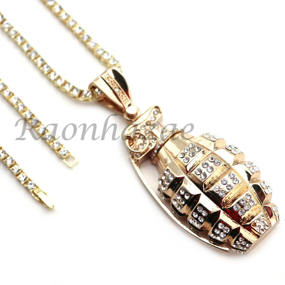 14K GOLD PT HAND GRENADE 18" TENNIS CHAIN 16" 30" CHOKER CUBAN CHAIN 23