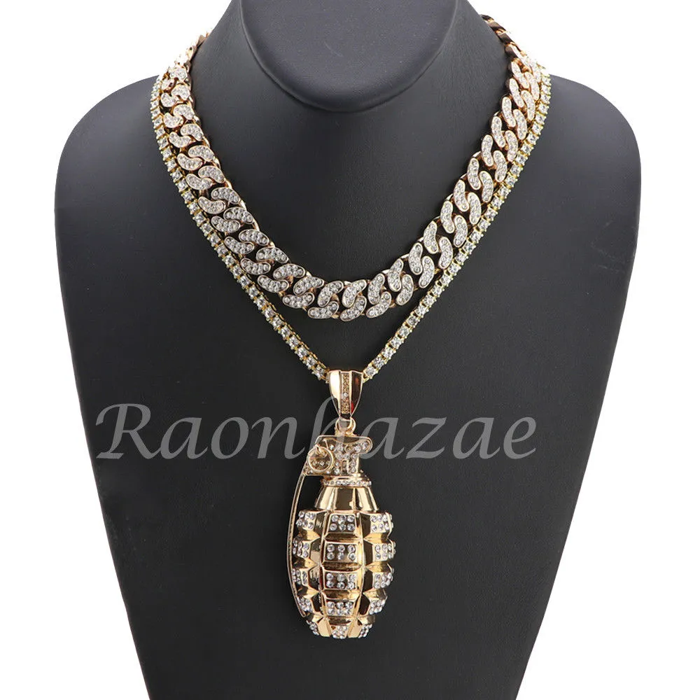 14K GOLD PT HAND GRENADE 18" TENNIS CHAIN 16" 30" CHOKER CUBAN CHAIN 23