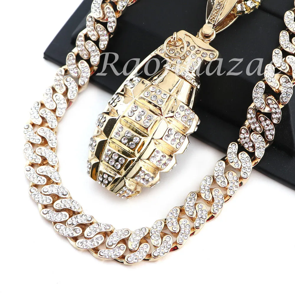 14K GOLD PT HAND GRENADE 18" TENNIS CHAIN 16" 30" CHOKER CUBAN CHAIN 23