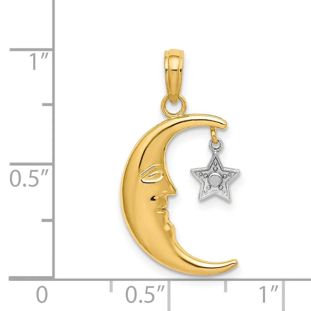 14k Two Tone Gold Textured Polished Finish Half Moon with Dangle Star Design Charm Pendant