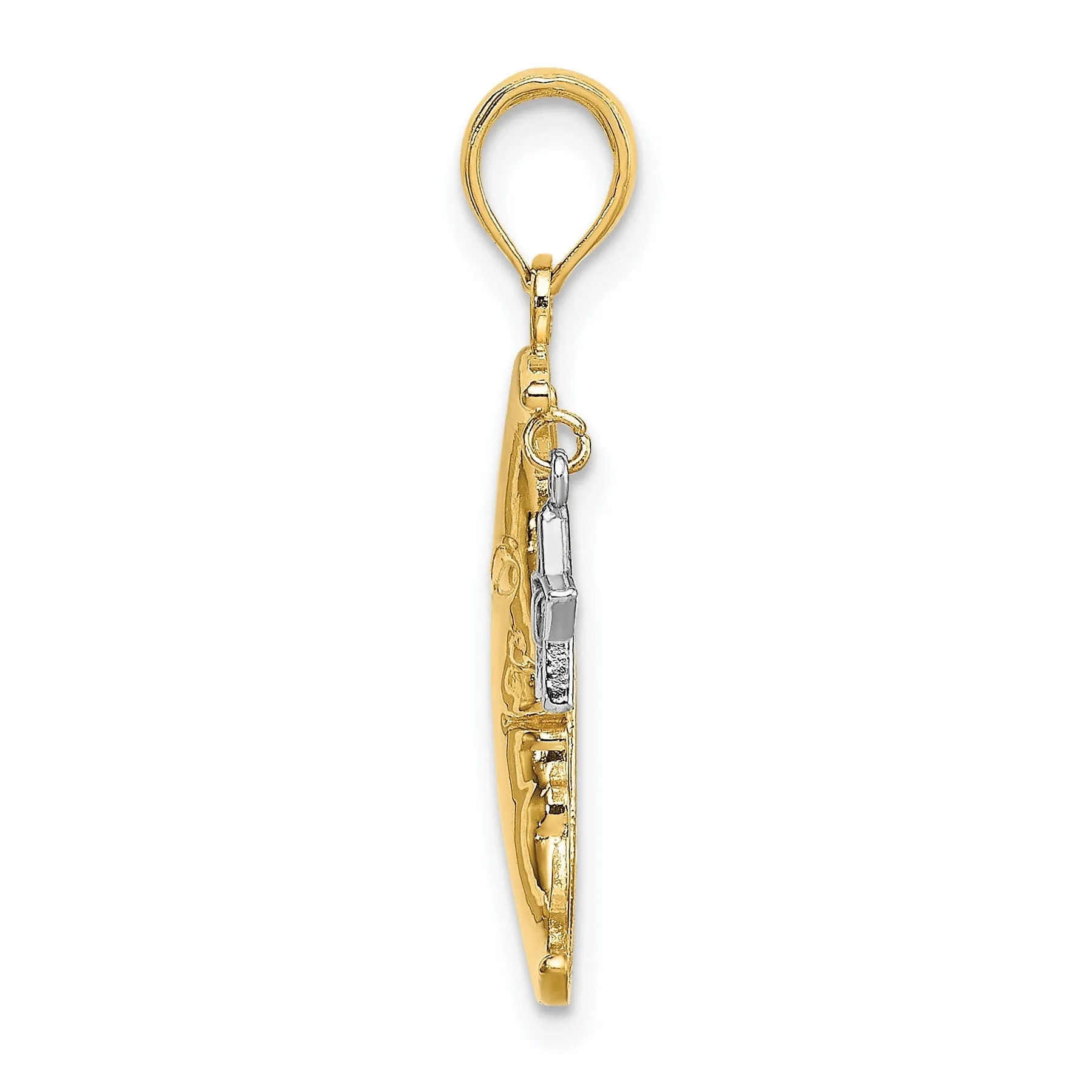 14k Two Tone Gold Textured Polished Finish Half Moon with Dangle Star Design Charm Pendant