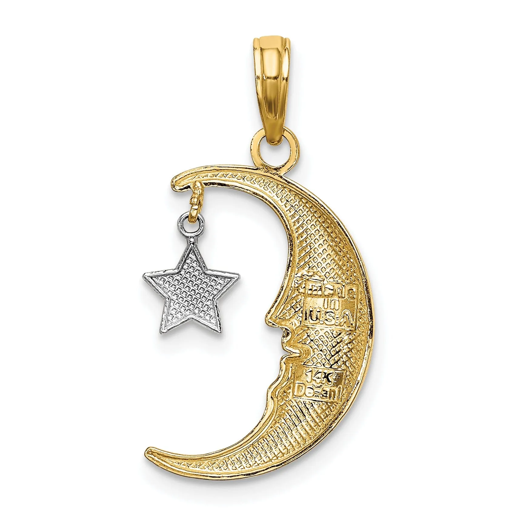 14k Two Tone Gold Textured Polished Finish Half Moon with Dangle Star Design Charm Pendant
