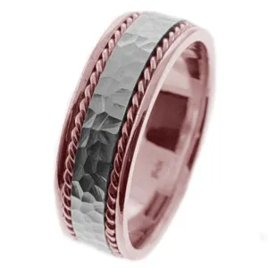 18K Rose or Yellow with White Gold Hammer Finish Center With Hand Braided Ropes Ring