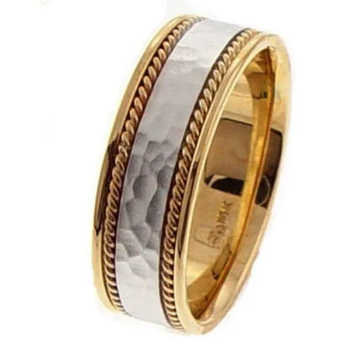 18K Rose or Yellow with White Gold Hammer Finish Center With Hand Braided Ropes Ring