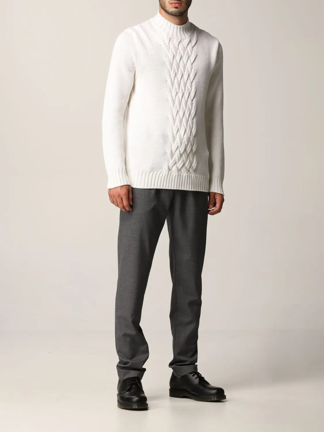 $695 ELEVENTY - Cable Knit Mock Neck Ivory Pure Wool Sweater - M
