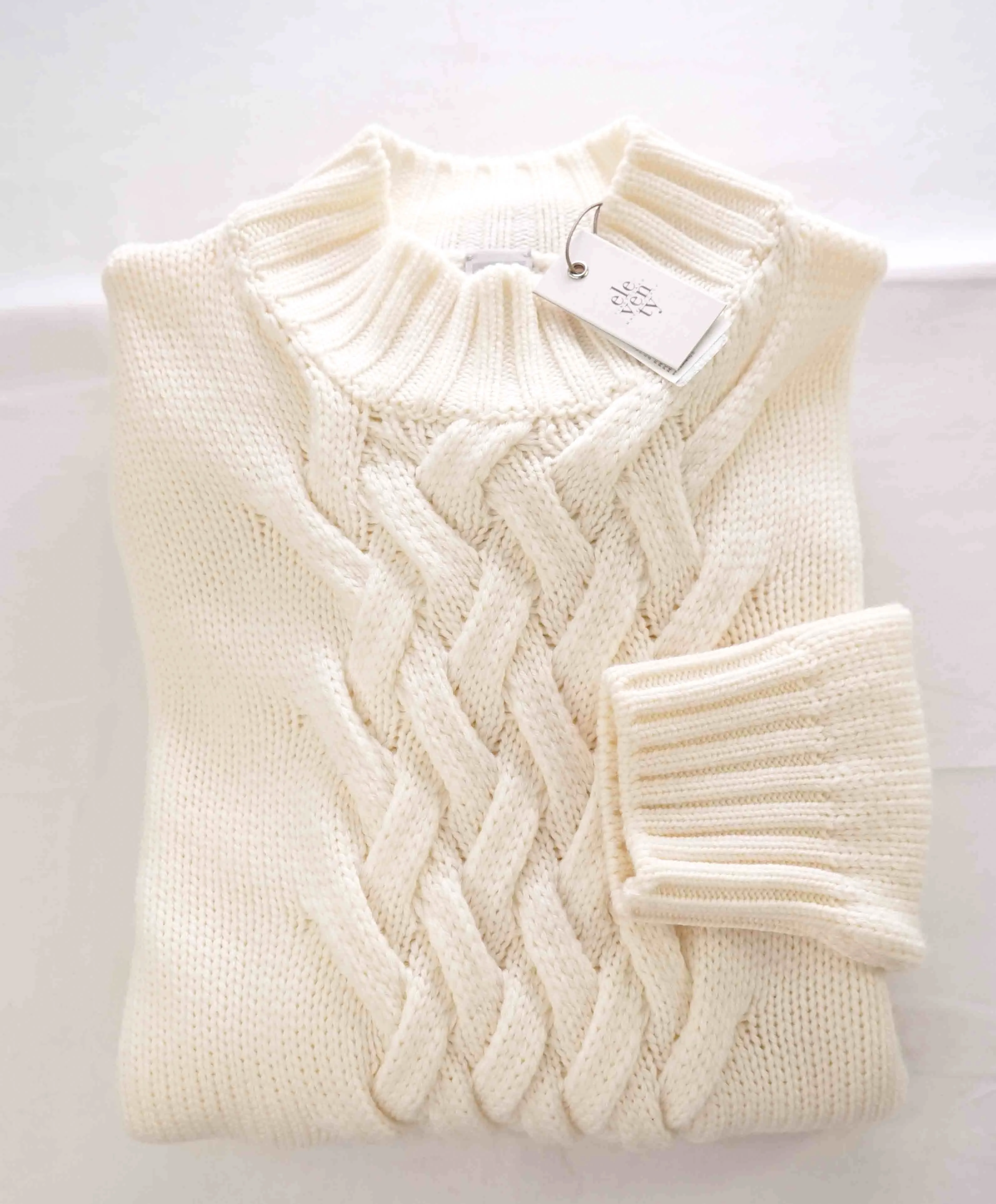 $695 ELEVENTY - Cable Knit Mock Neck Ivory Pure Wool Sweater - M