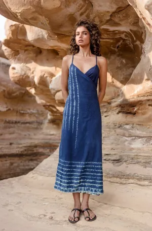 Aahana Strappy Wrap Dress in Indigo Stripe Shibori Border