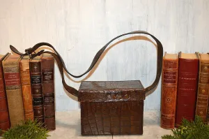 Antique English Embossed Croc Leather Hunting Travel Case Bag  Box With Strap