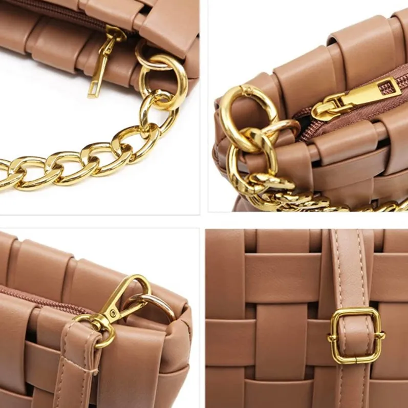 Beige Wowen Bag with Gold Chain