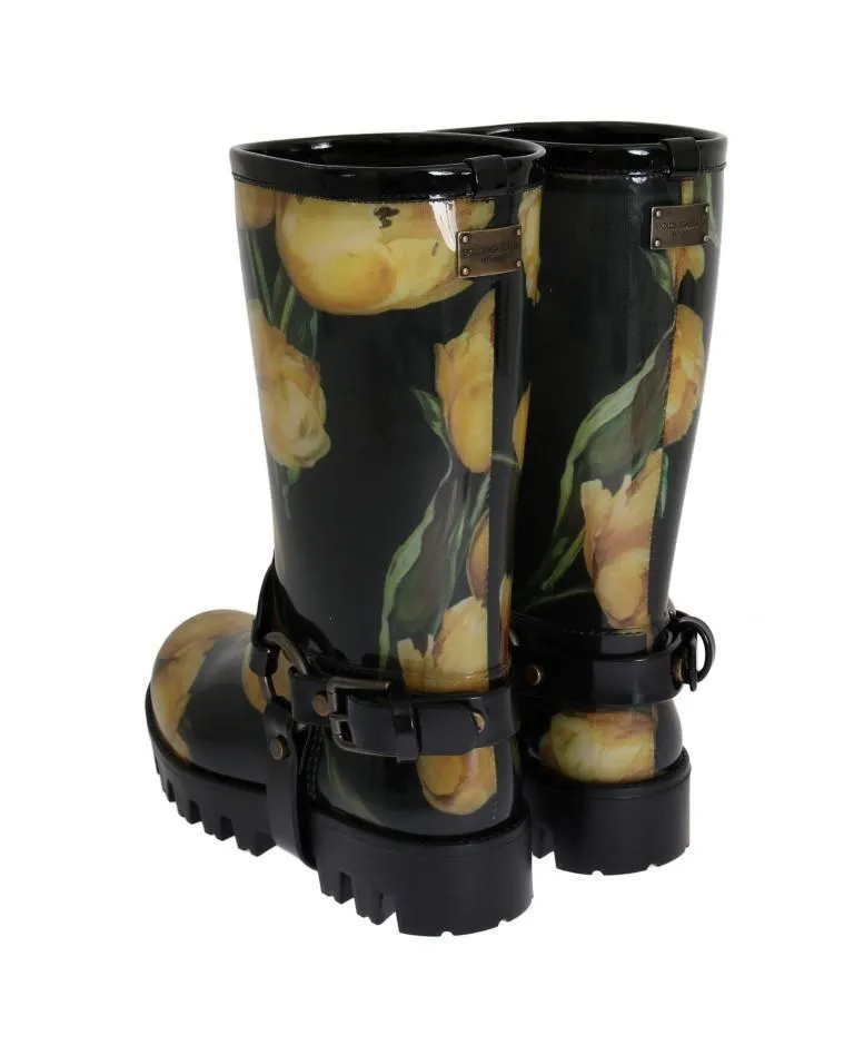 Black Rubber Yellow Tulip Print Boots