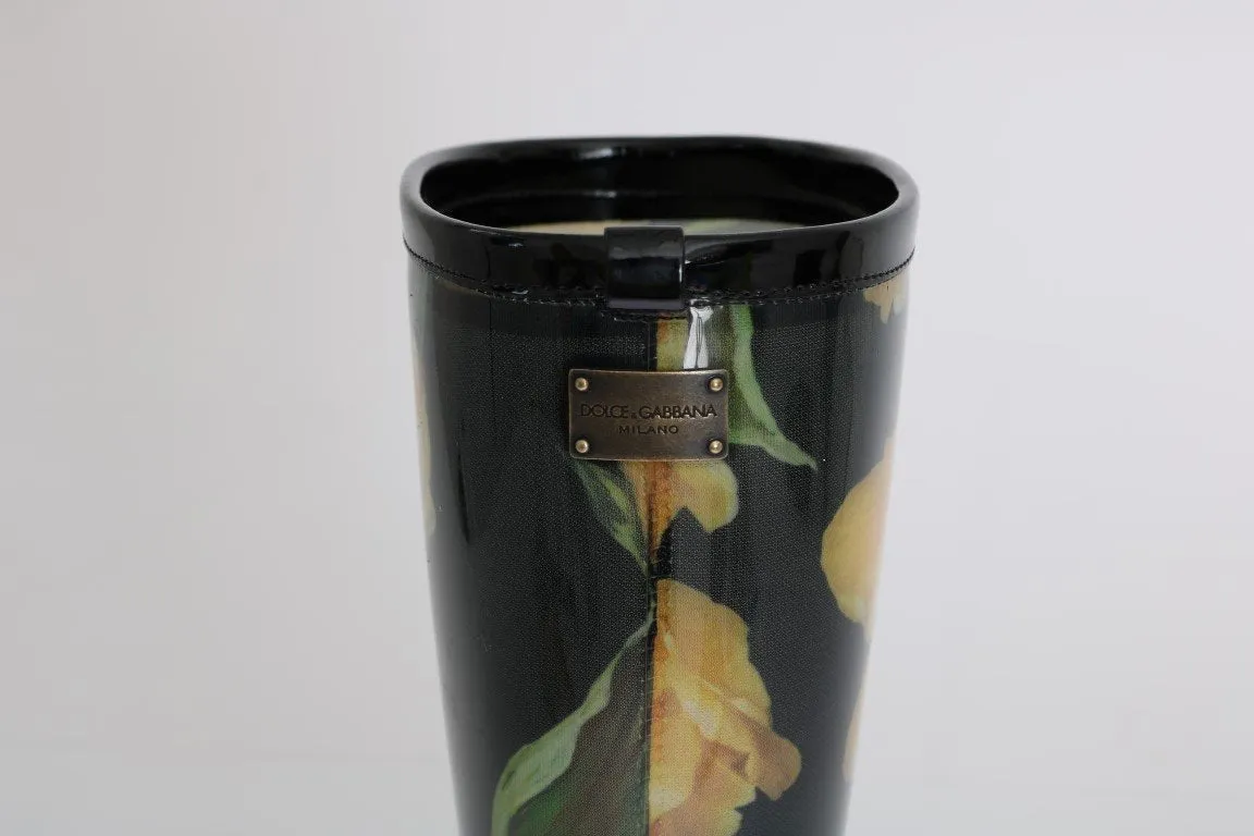 Black Rubber Yellow Tulip Print Boots