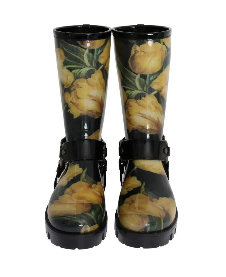 Black Rubber Yellow Tulip Print Boots