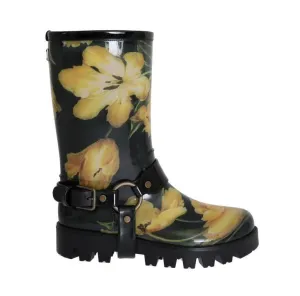 Black Rubber Yellow Tulip Print Boots