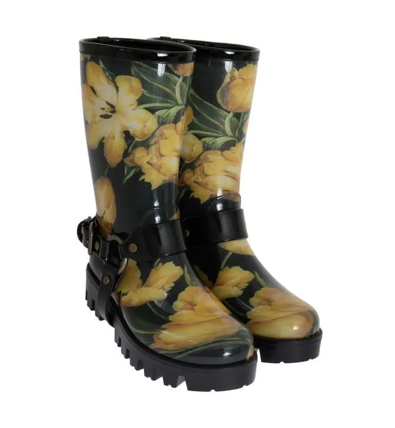 Black Rubber Yellow Tulip Print Boots