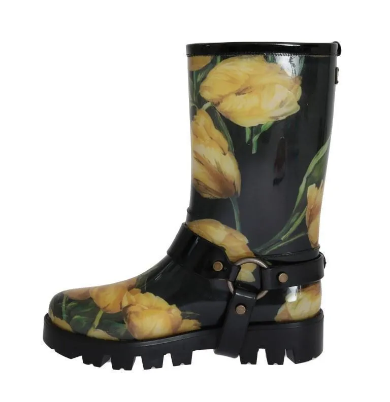 Black Rubber Yellow Tulip Print Boots