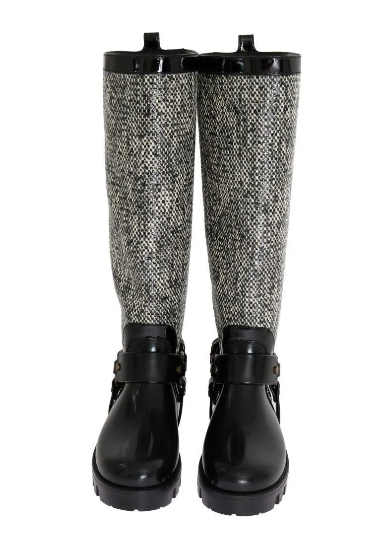 Black White Woven Rubber Boots