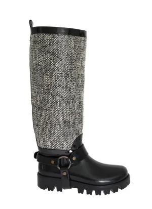 Black White Woven Rubber Boots