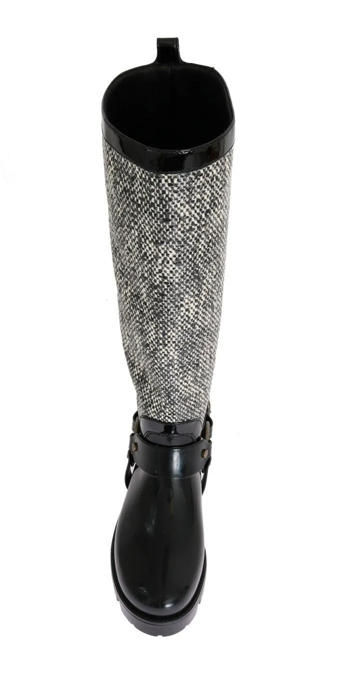Black White Woven Rubber Boots