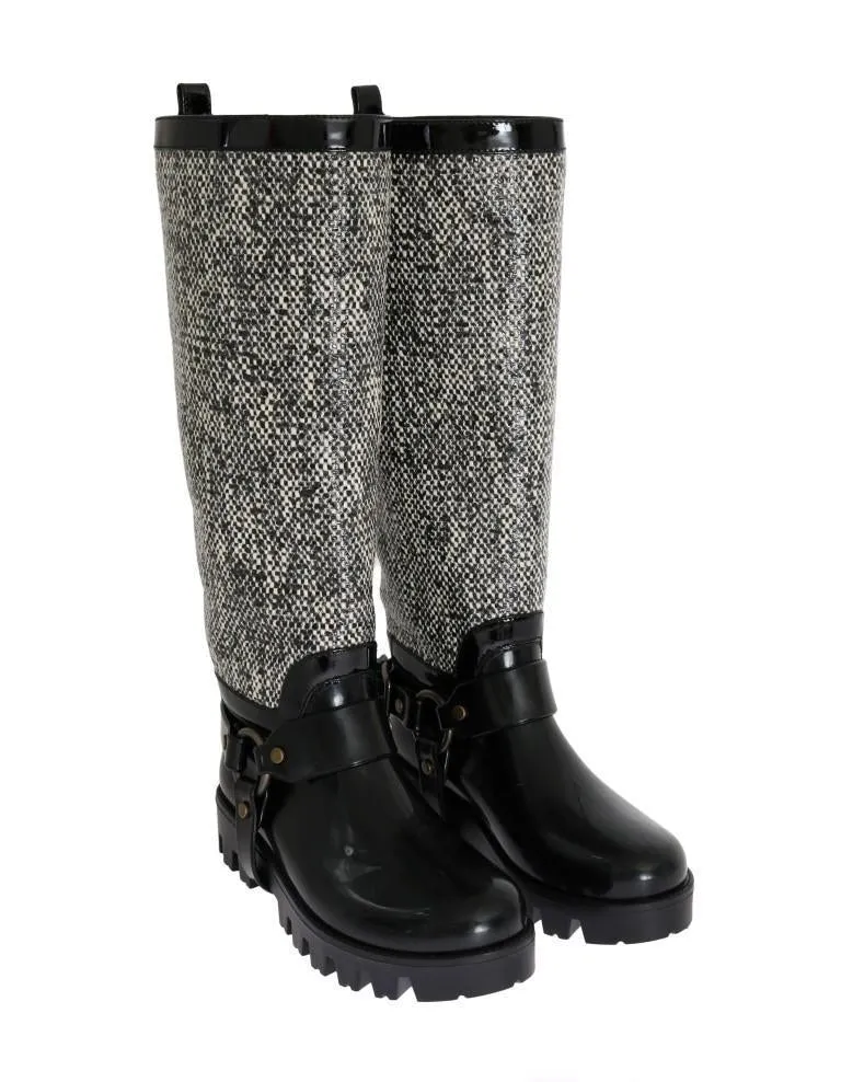 Black White Woven Rubber Boots