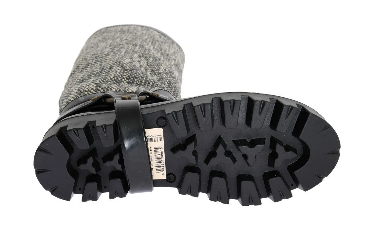Black White Woven Rubber Boots