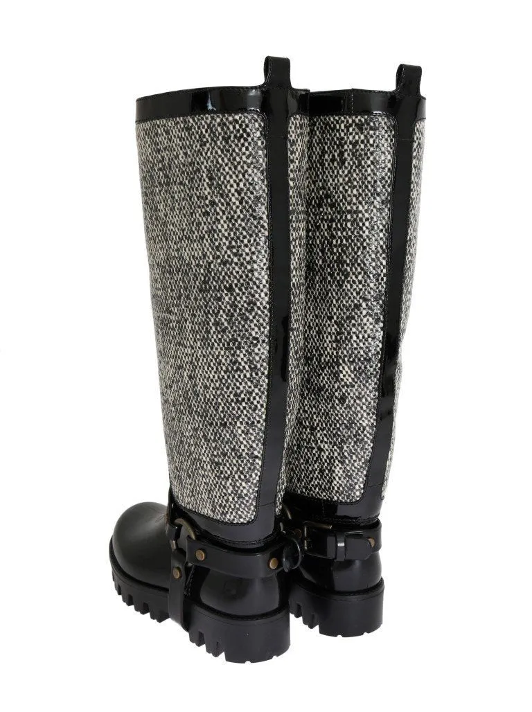 Black White Woven Rubber Boots