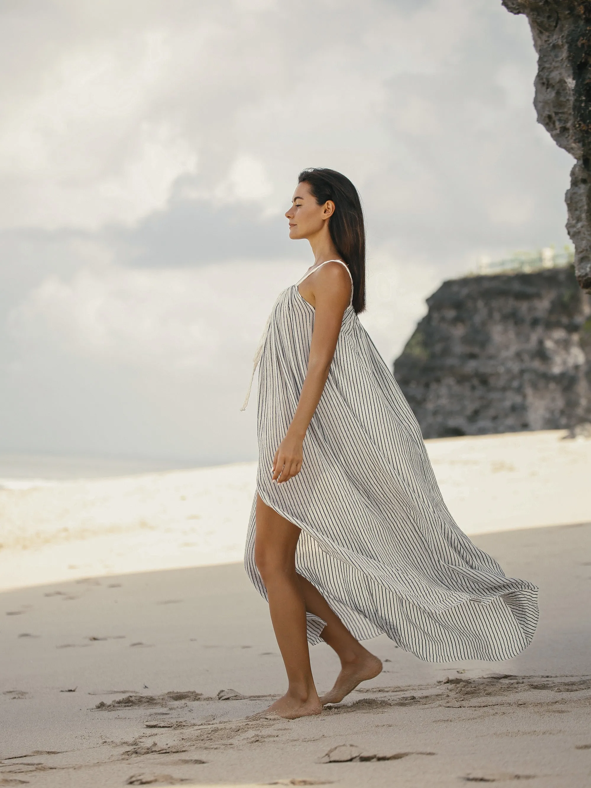 Breeze Beach Dress - Black Stripes