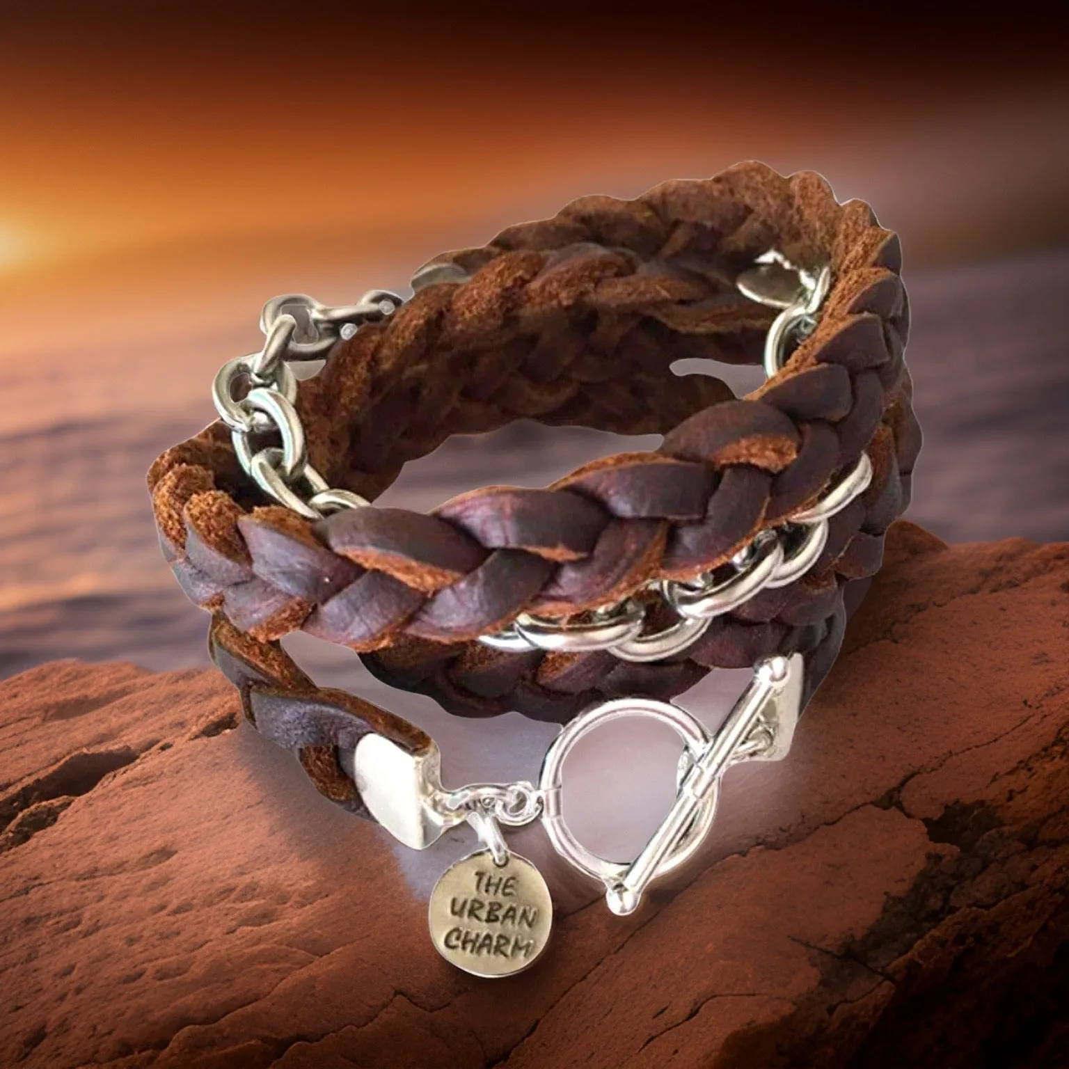 Brown Braided Four Wrap Genuine Leather Bracelet