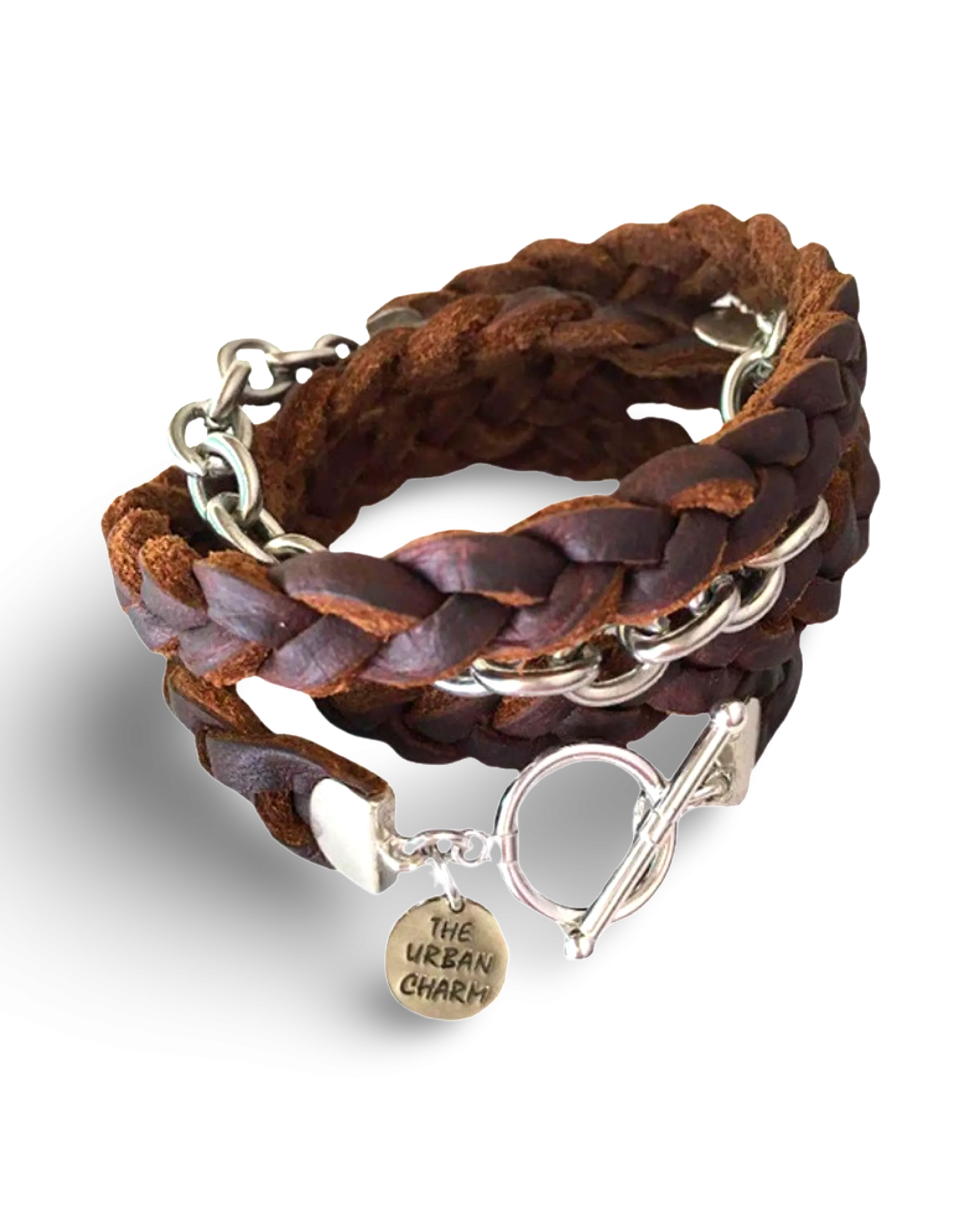 Brown Braided Four Wrap Genuine Leather Bracelet
