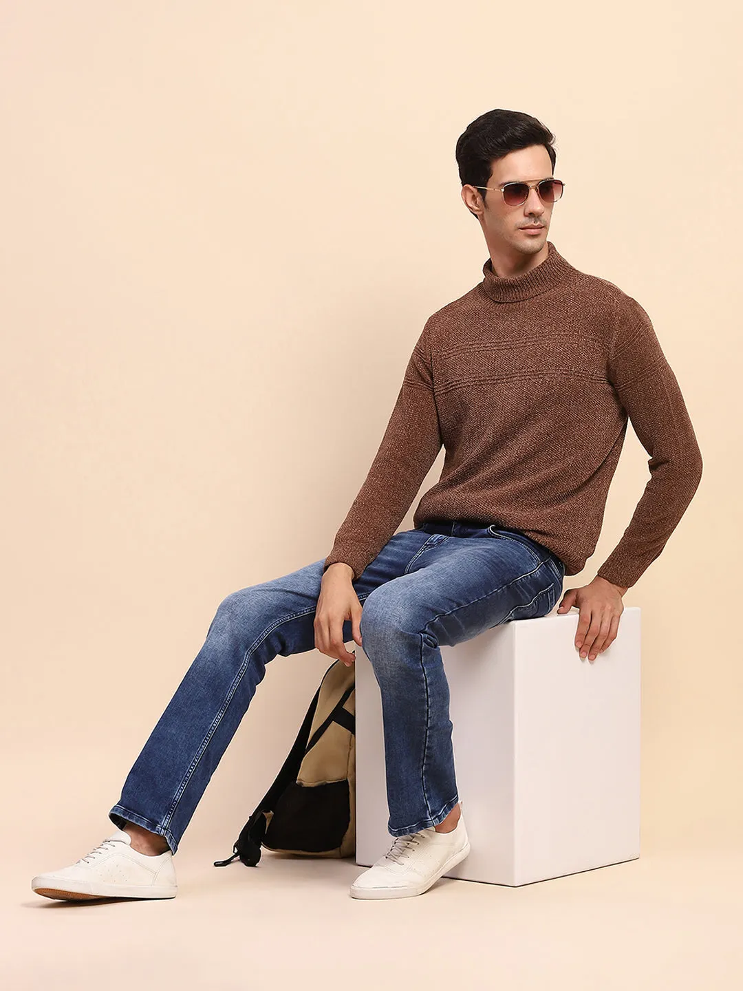 Camla Barcelona Brown Mock Neck Full Sleeve Sweater