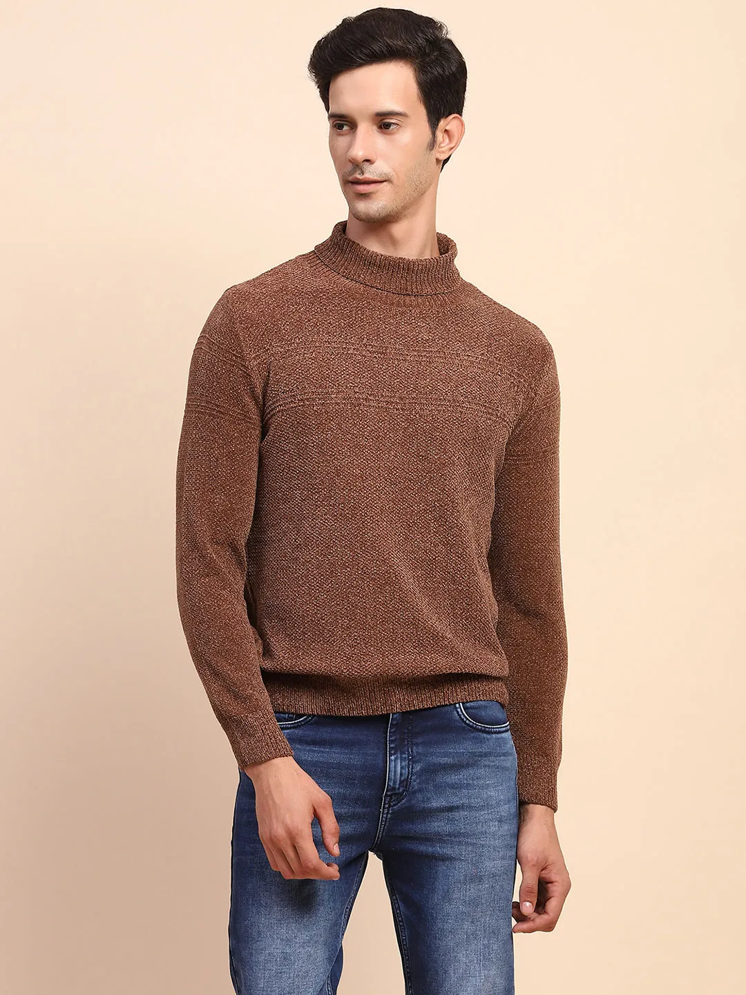 Camla Barcelona Brown Mock Neck Full Sleeve Sweater