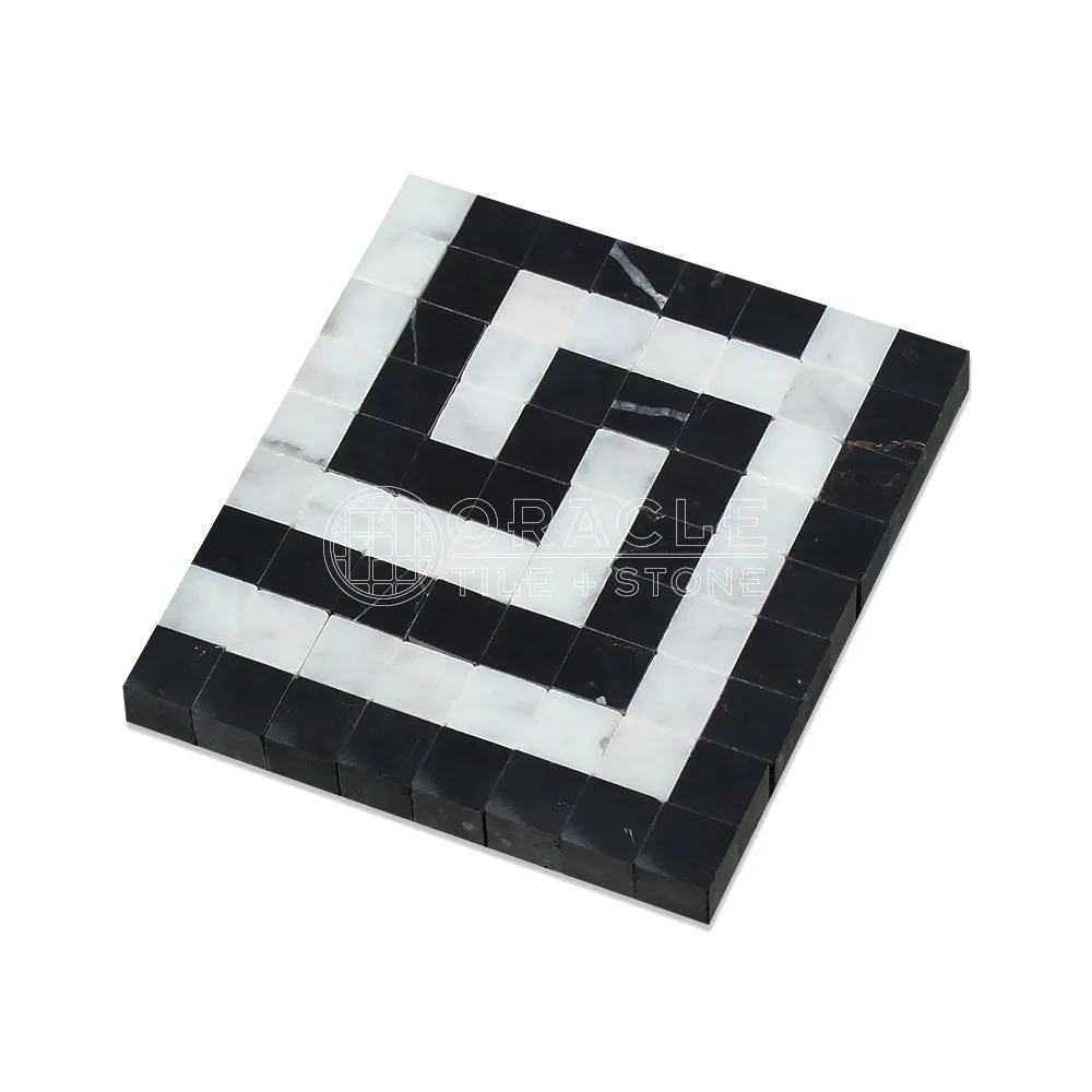 Carrara White Italian (Bianco Carrara) Marble Greek Key Border Corner (with Black Marble, Polished)