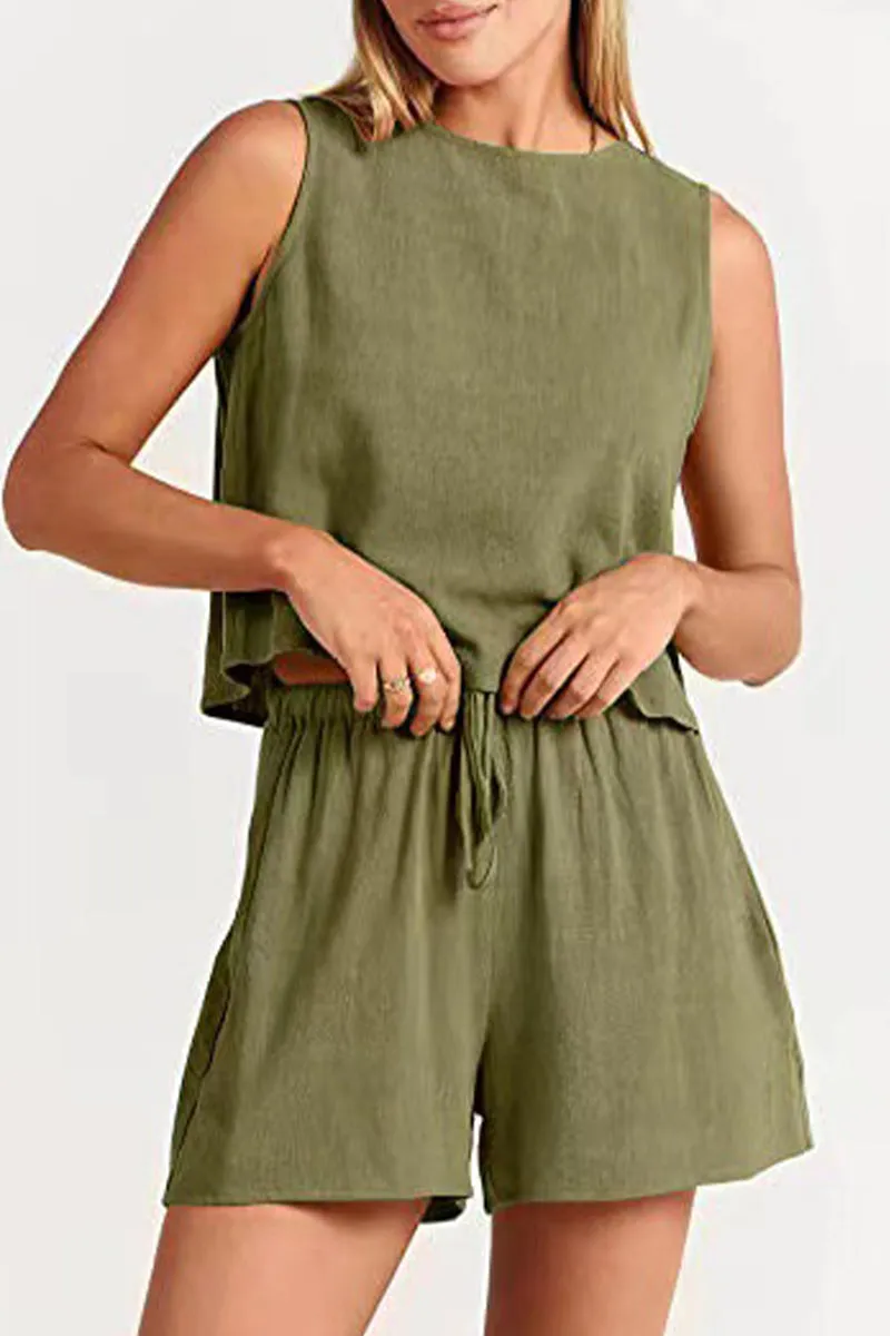 Casual Simplicity Solid Frenulum O Neck Sleeveless Two Pieces