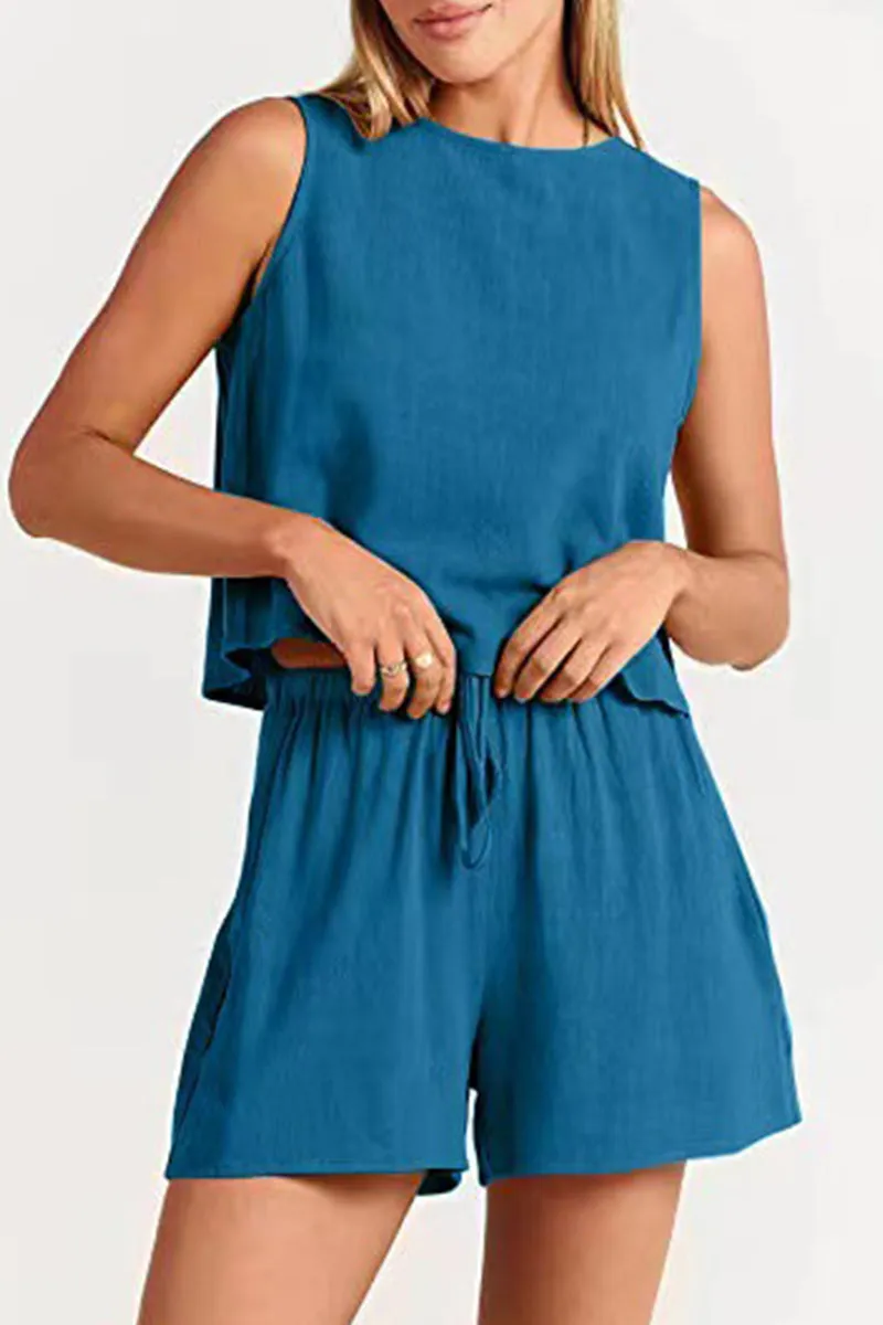 Casual Simplicity Solid Frenulum O Neck Sleeveless Two Pieces