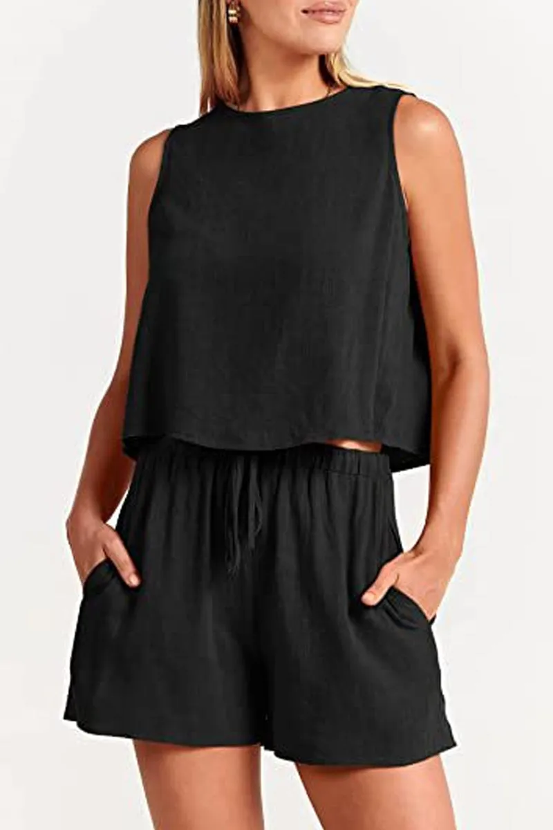 Casual Simplicity Solid Frenulum O Neck Sleeveless Two Pieces