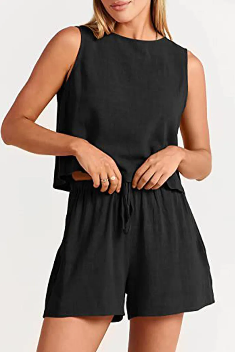 Casual Simplicity Solid Frenulum O Neck Sleeveless Two Pieces