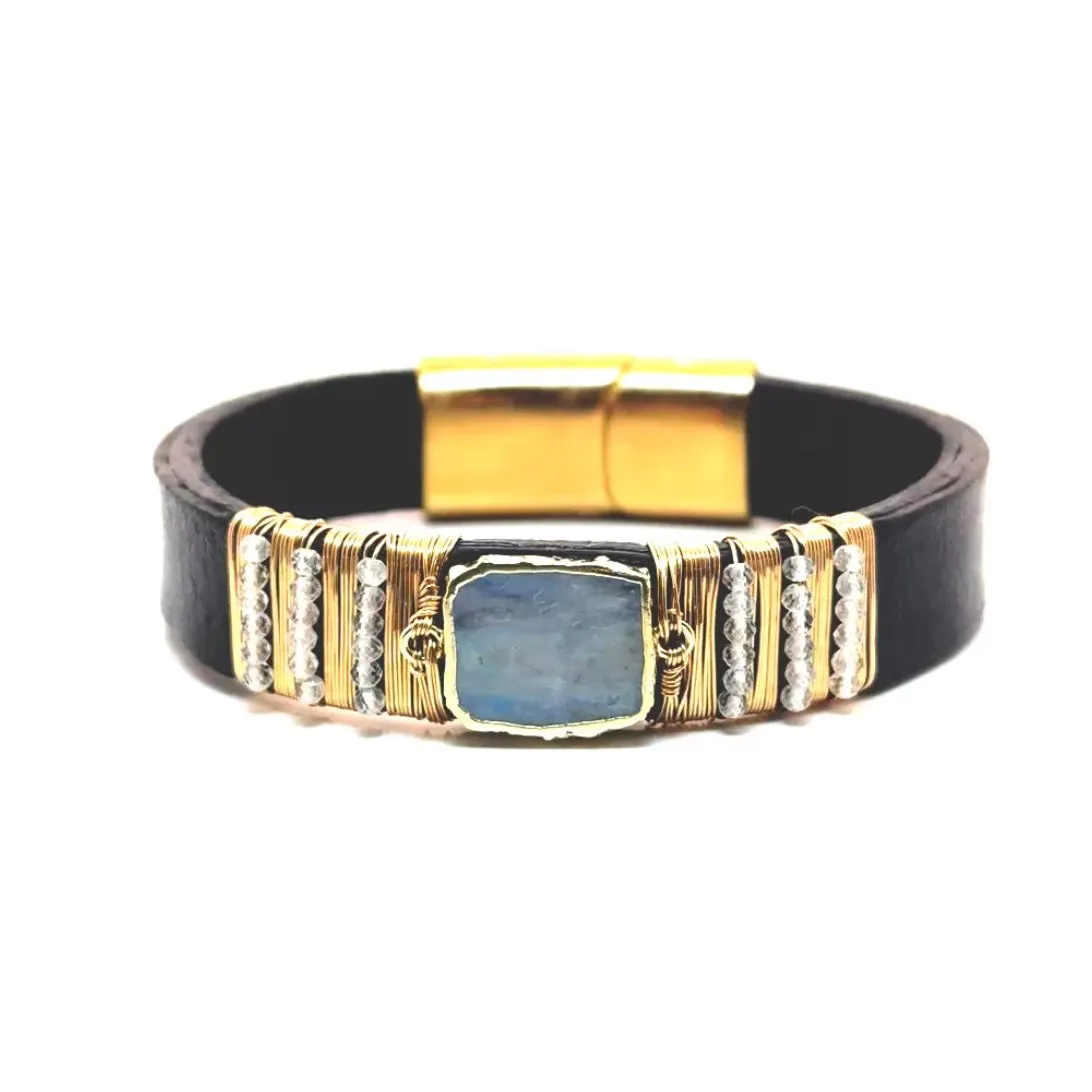 Center Gem Gold Wired Beads Leather Bracelet
