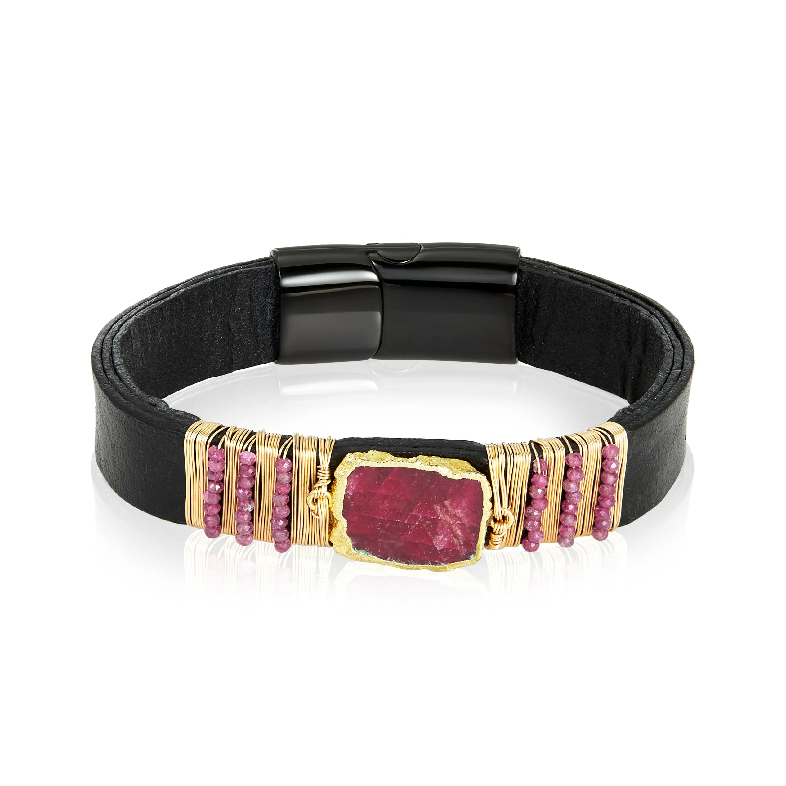 Center Gem Gold Wired Beads Leather Bracelet