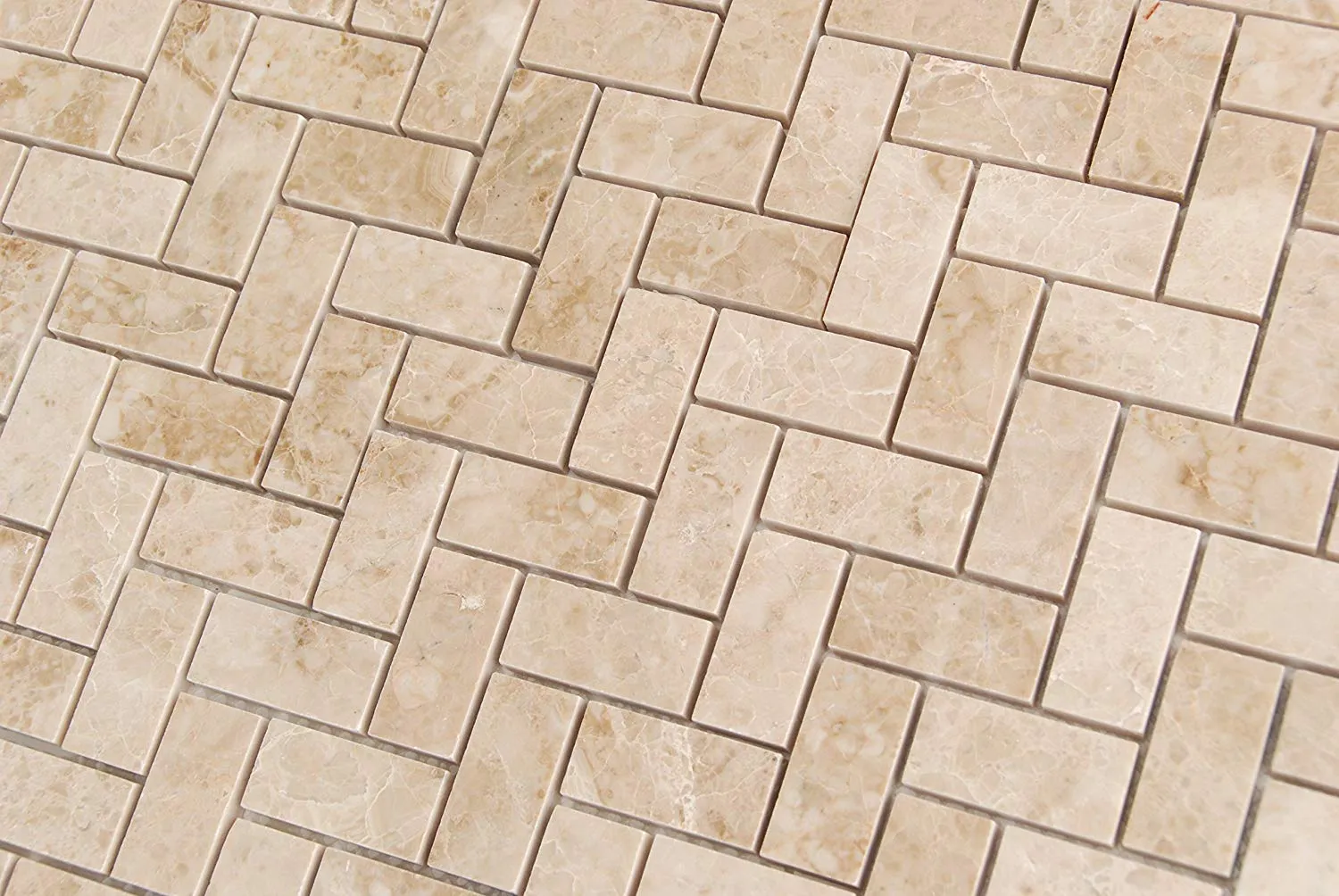 Crema Cappuccino Marble 1 X 2 Herringbone Polished Mosaic Tiles - Premium Quality (LOT of 50 SHEETS)