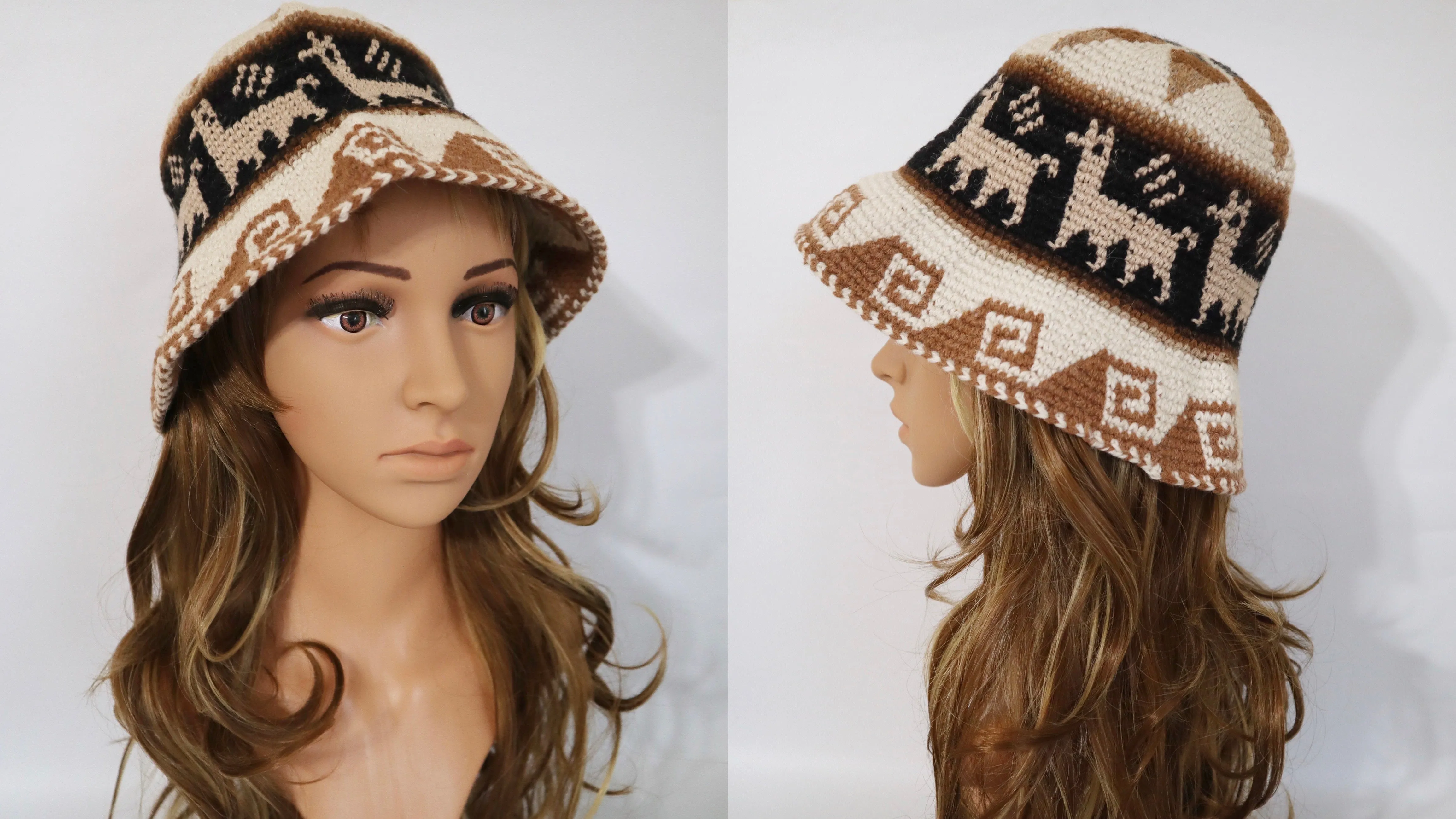 Crochet Roll-Up Peruvian Hat Rustic Thick Knit Sheep & Alpaca Wool Ivory Medium Unisex