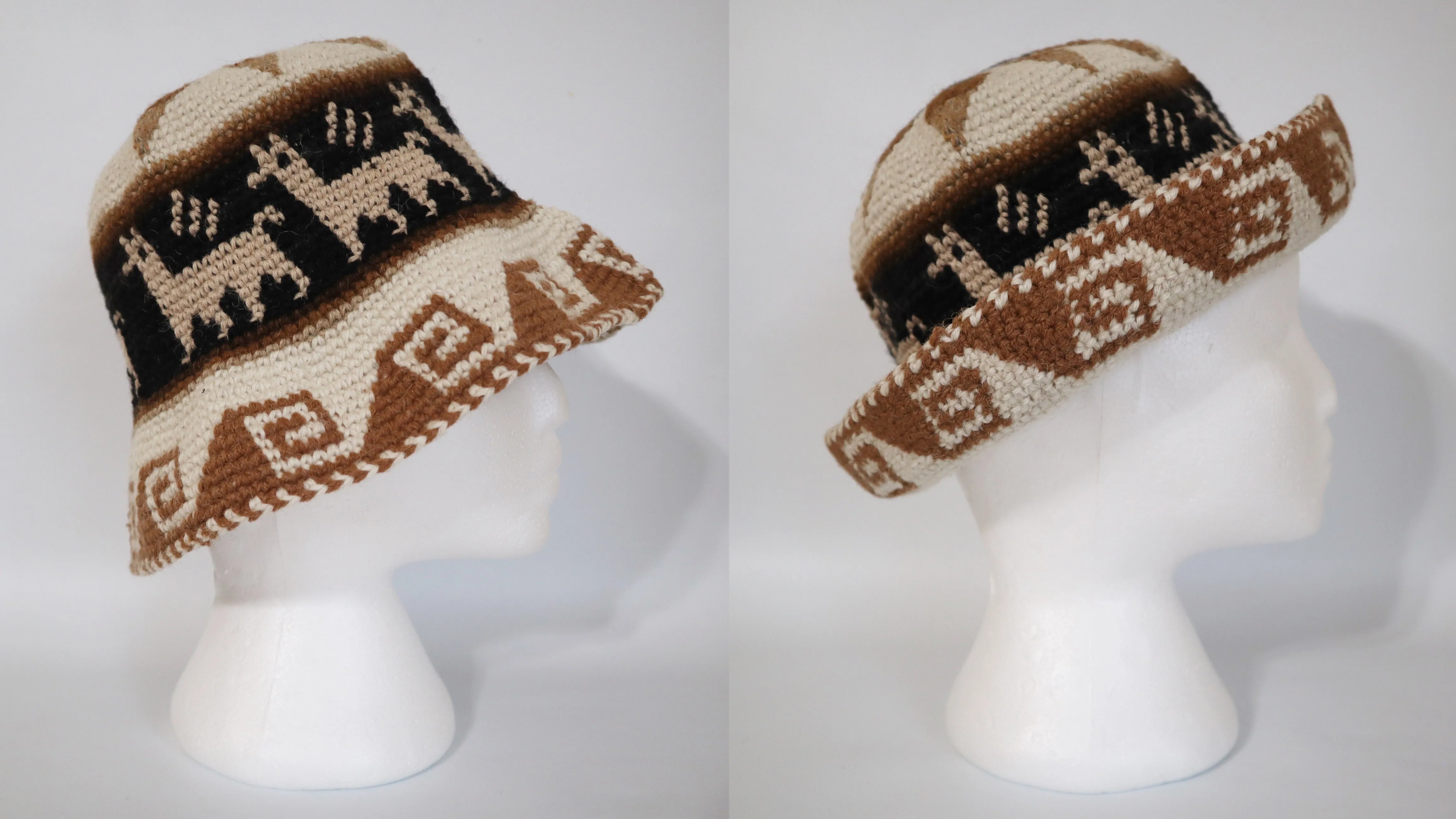 Crochet Roll-Up Peruvian Hat Rustic Thick Knit Sheep & Alpaca Wool Ivory Medium Unisex