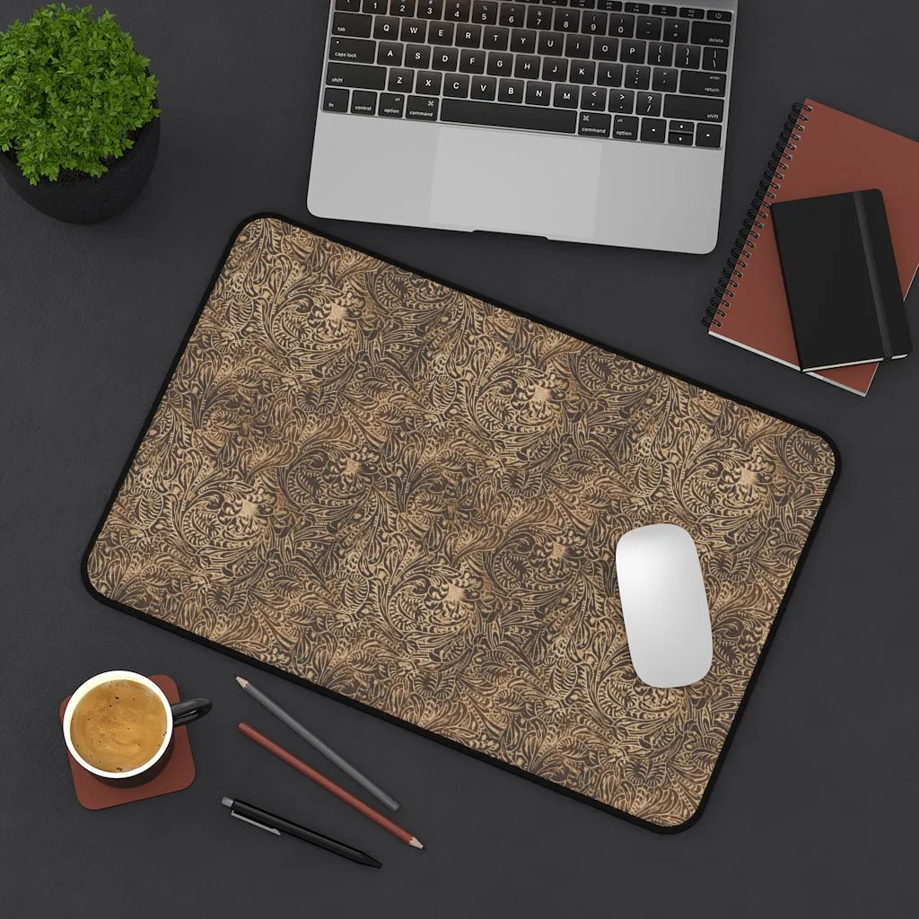 Dusky Brown Tooled Leather Style Pattern Desk Mat