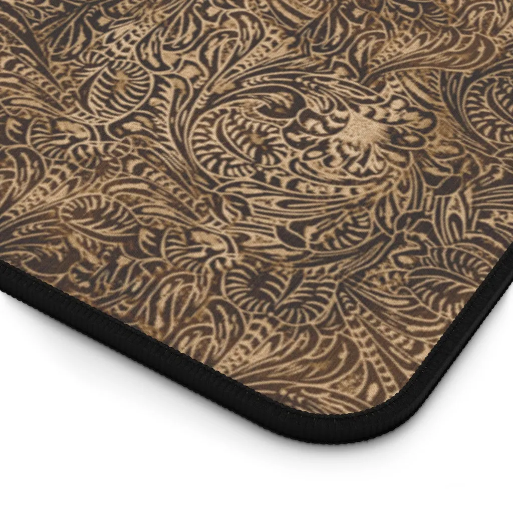 Dusky Brown Tooled Leather Style Pattern Desk Mat