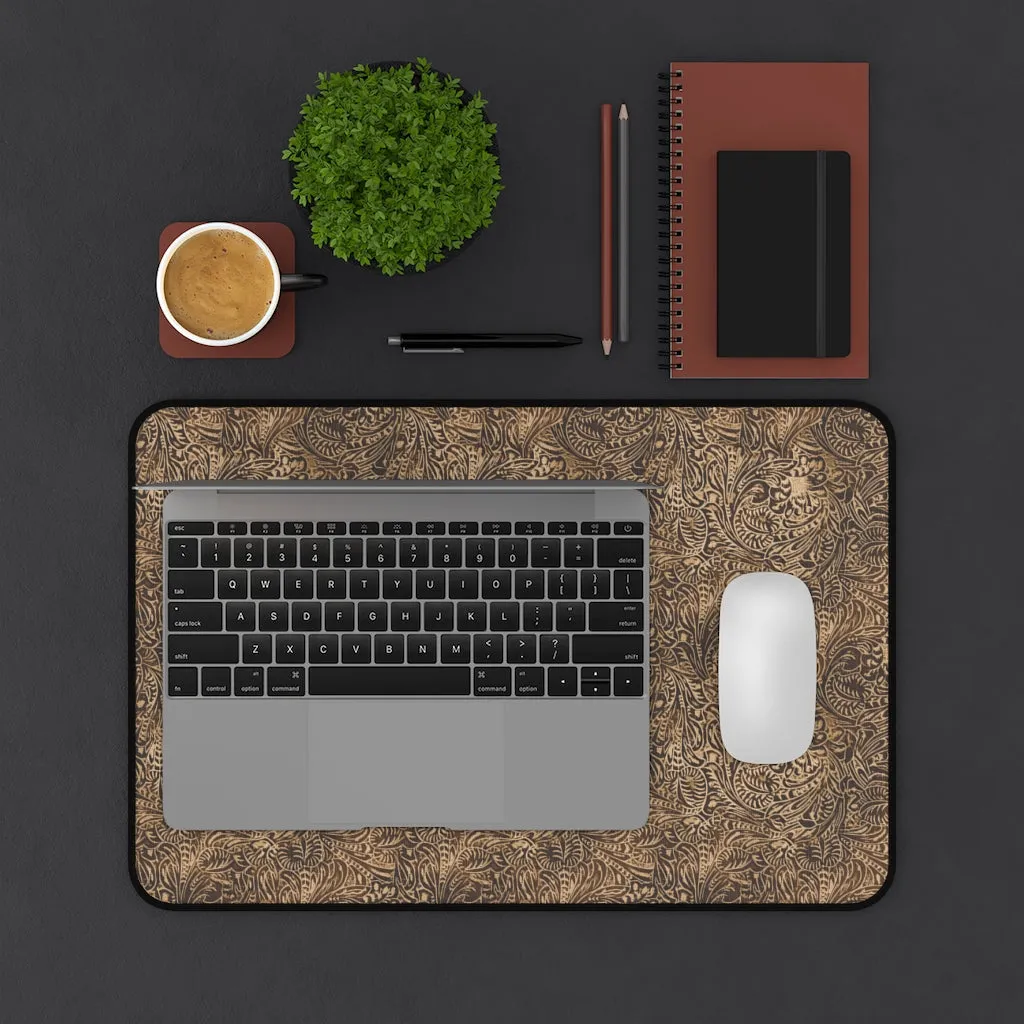 Dusky Brown Tooled Leather Style Pattern Desk Mat