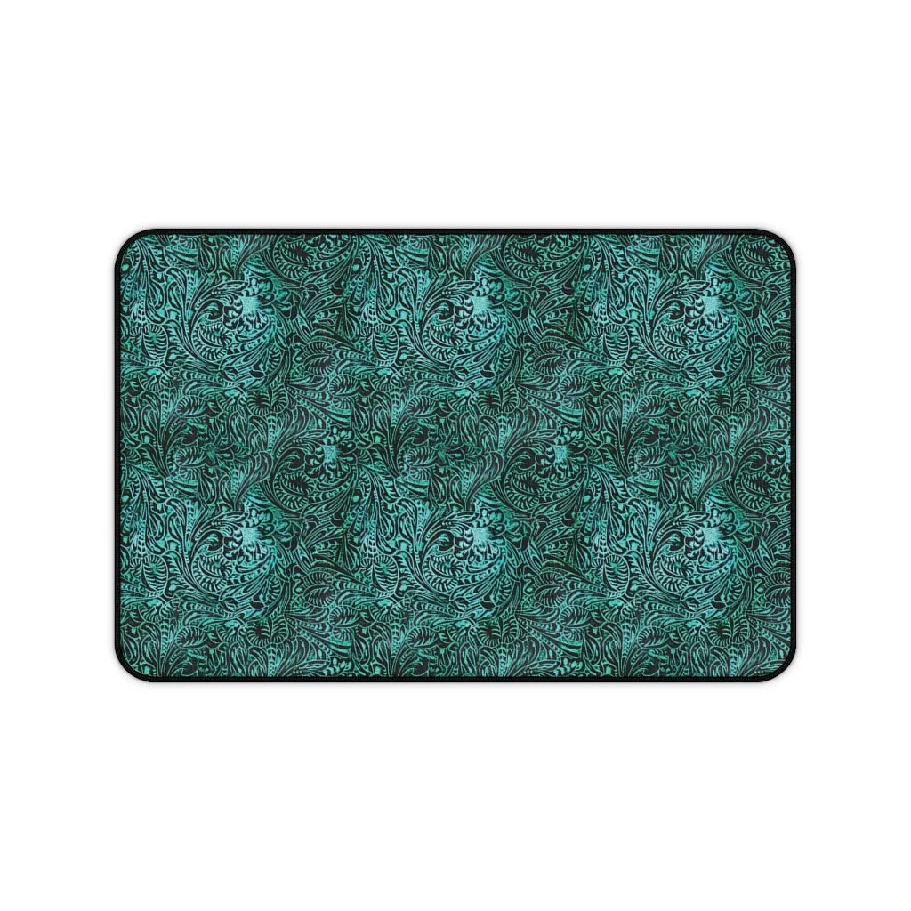 Dusky Turquoise Tooled Leather Style Pattern Desk Mat