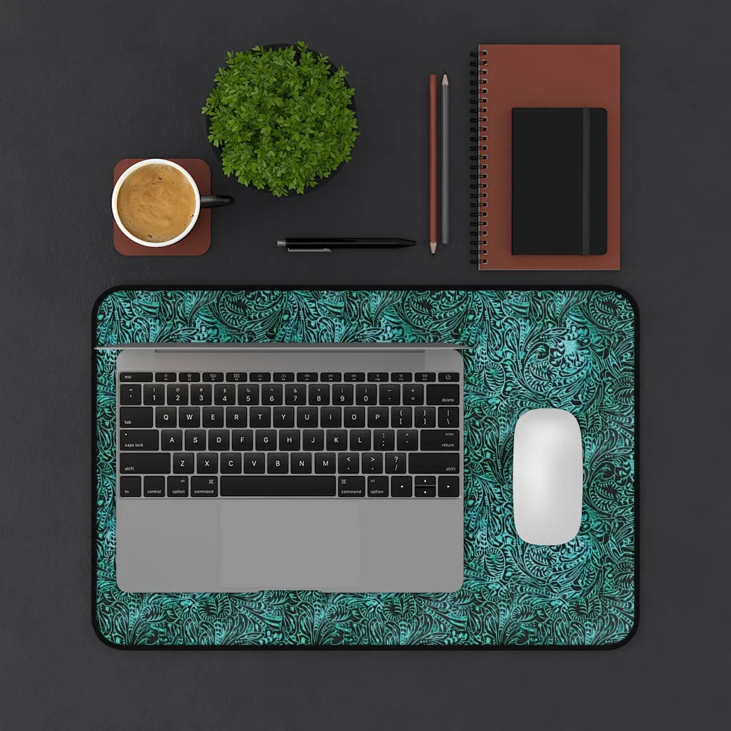 Dusky Turquoise Tooled Leather Style Pattern Desk Mat