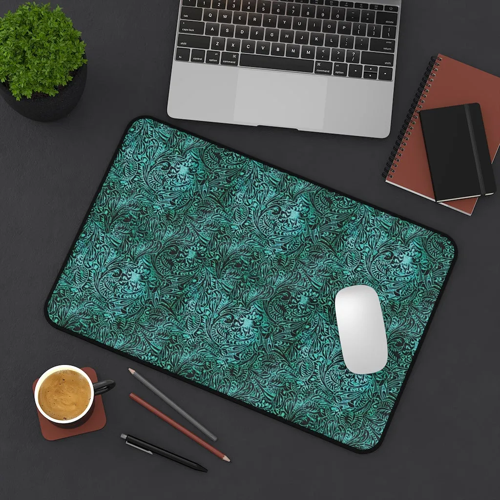 Dusky Turquoise Tooled Leather Style Pattern Desk Mat