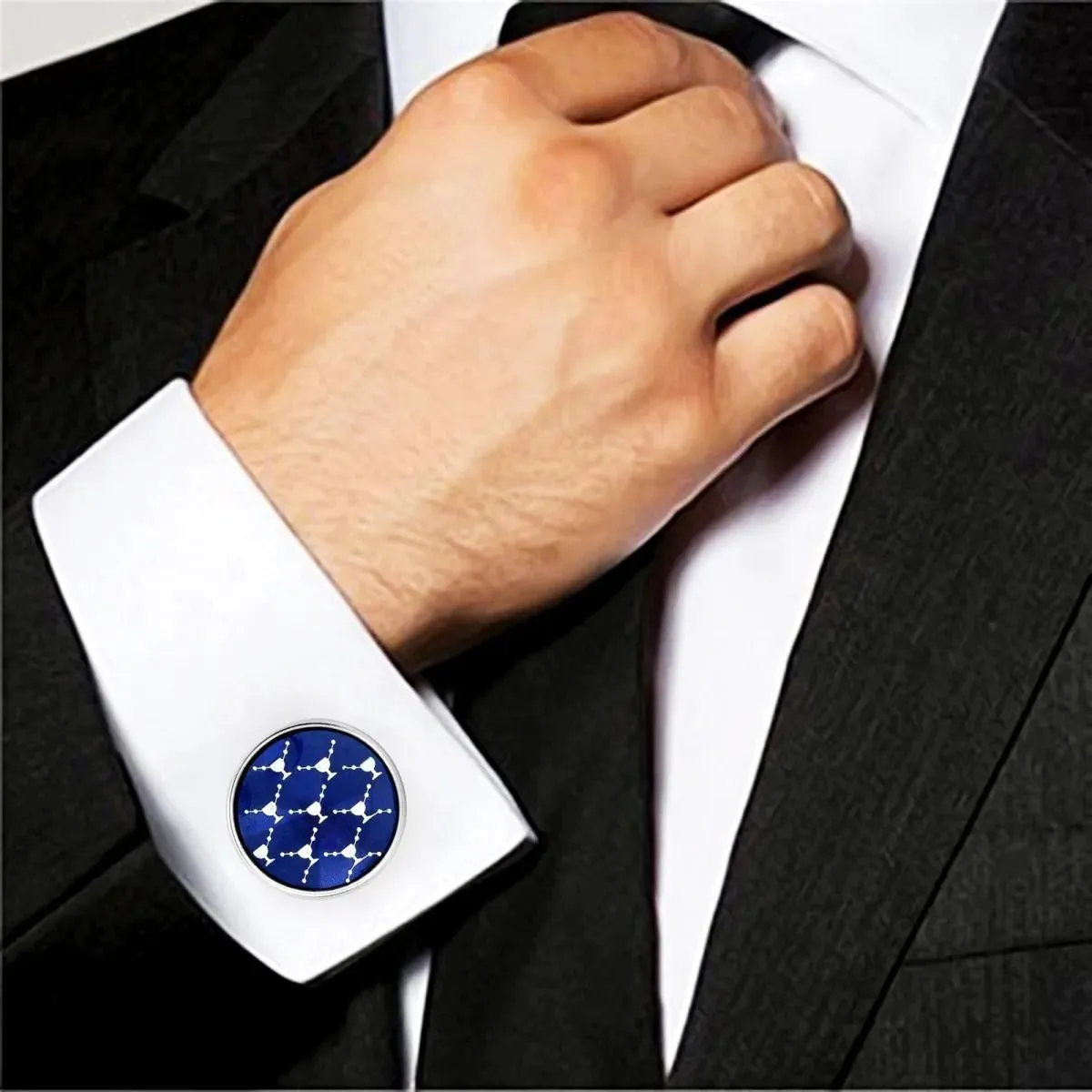 Elegant Round Blue Network Cufflinks in Presentation Gift Box