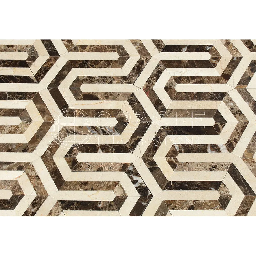 Emperador Dark Spanish Marble Berlinetta Design Mosaic Tile with Crema Marfil Marble, Polished