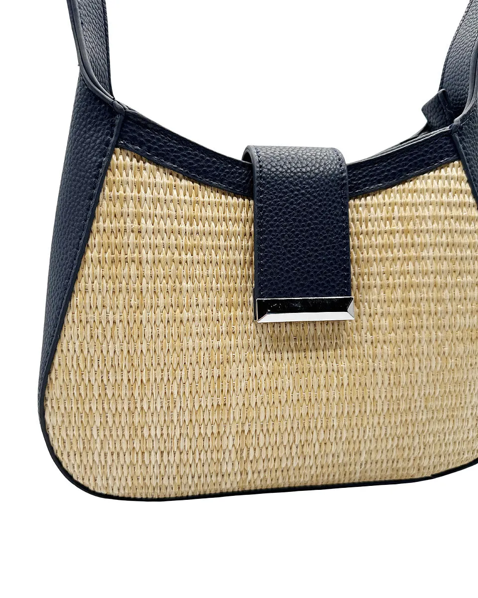 Faux Leather Braided Straw Handbag