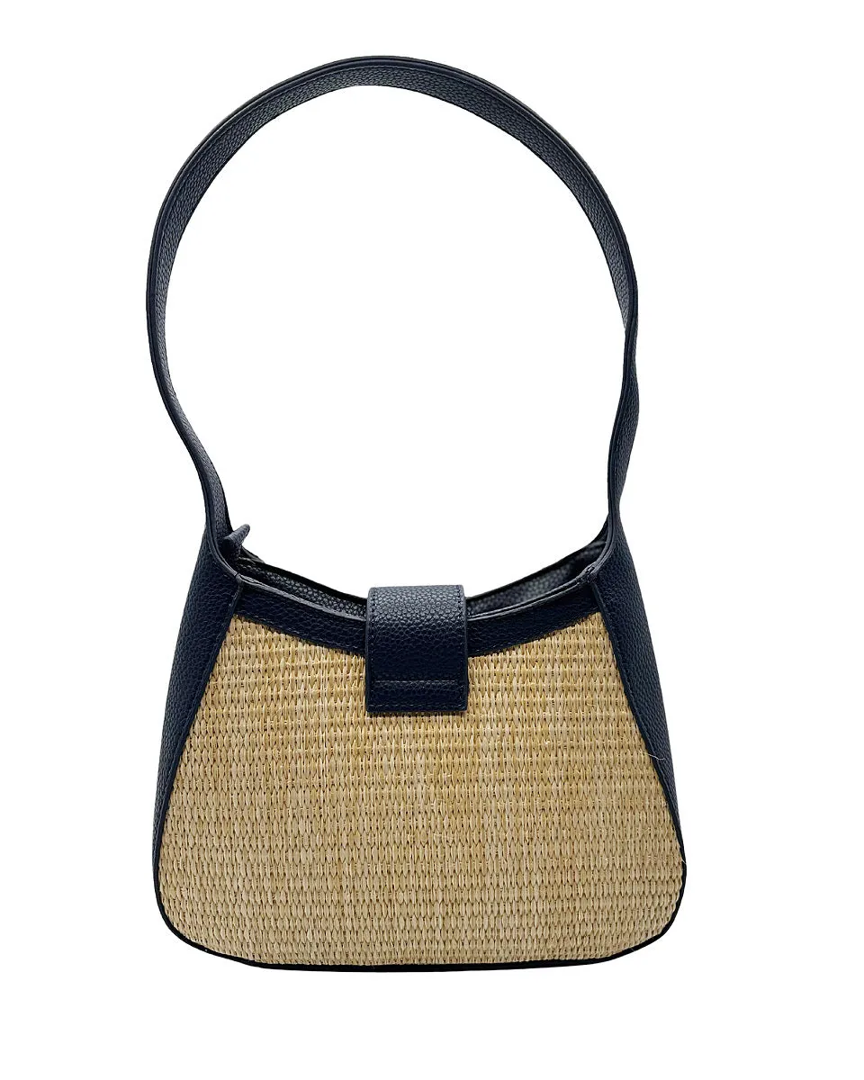 Faux Leather Braided Straw Handbag
